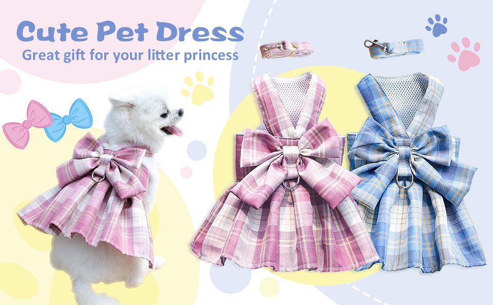 Cute Dog Dress, Plaid Harness Leash Set for Small Dogs Cats, Girl Princess Dog Bow Tie Dresses